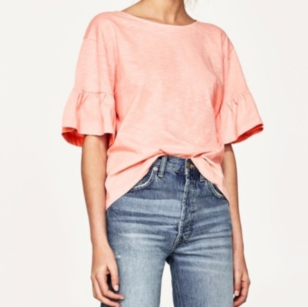 Zara Ruffle Sleeve Oversized Boxy Fit Tee
